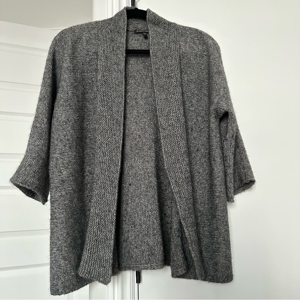 Eileen Fisher Gray Open-Front Sweater Cardigan Size Large Alpaca Wool Mix